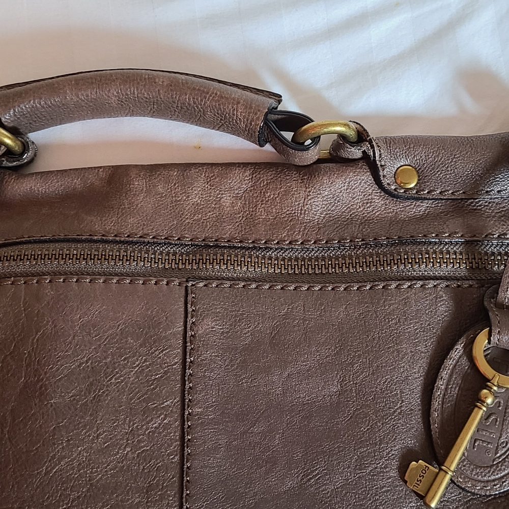 Fossil Brown Leather Crossbody with Brass Accent